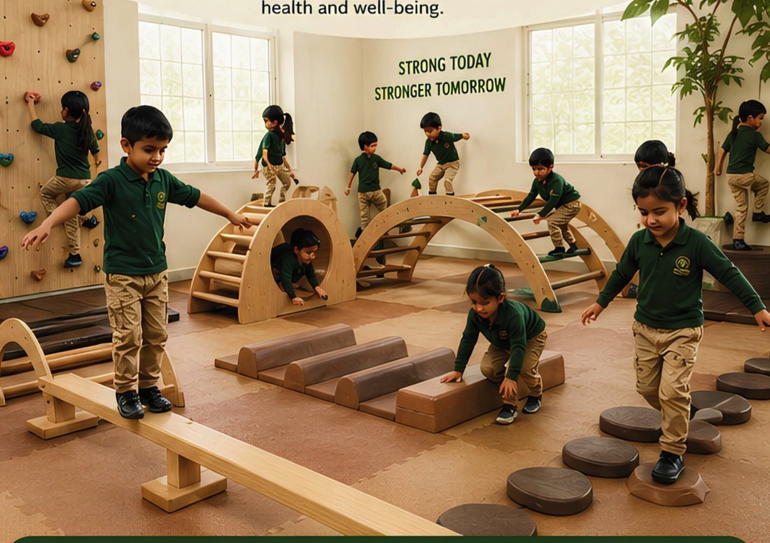 Children climbing and balancing in the indoor movement room