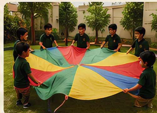 Children playing a group parachute game