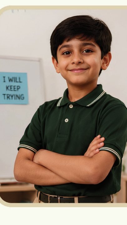 A pupil standing confidently with arms folded