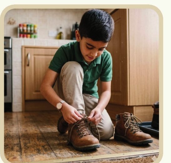 A pupil tying their own shoelaces