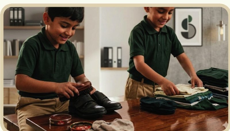 Two pupils polishing shoes and folding clothes at the practical life table