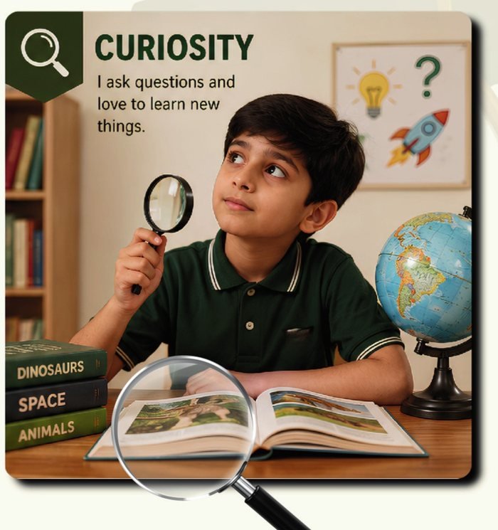 A pupil holding a magnifying glass over an open book of animals