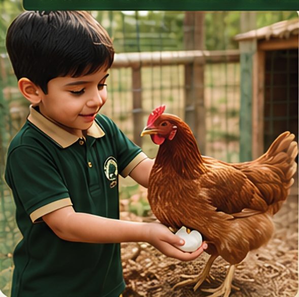 A young pupil collecting an egg from a hen in the school coop
