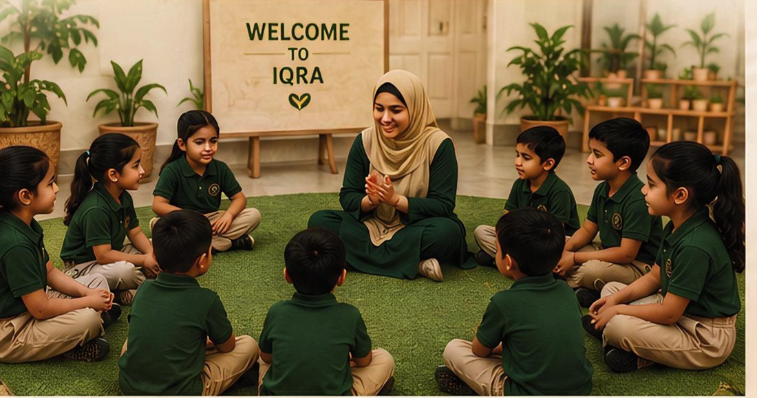 A teacher leading a morning circle with children seated on the grass