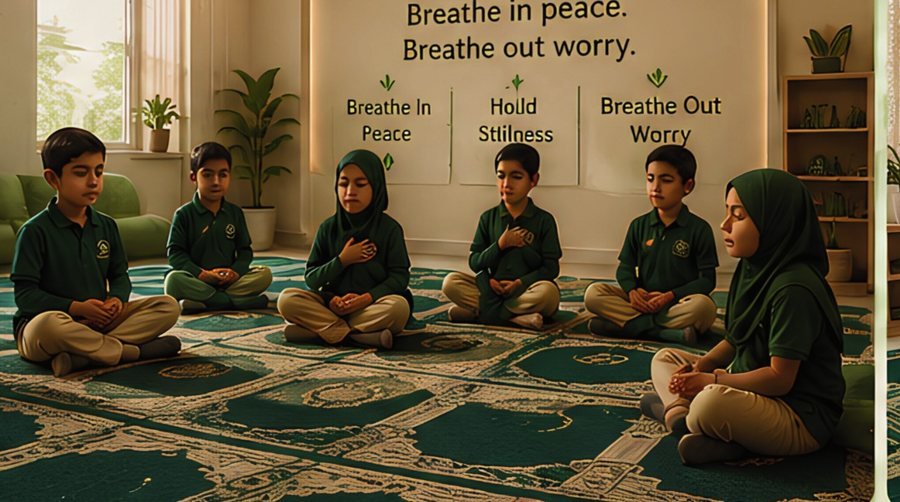 A teacher leading a breathing and mindfulness circle