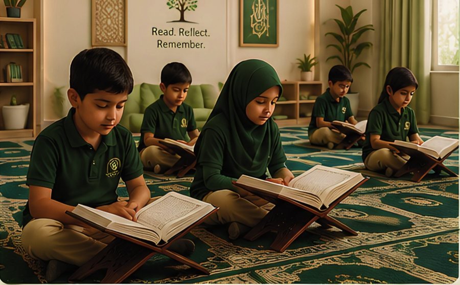 Pupils reading the Quran on rehal stands in the spiritual corner