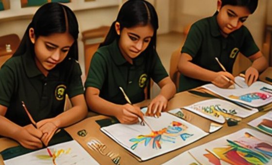 Pupils painting at a shared table