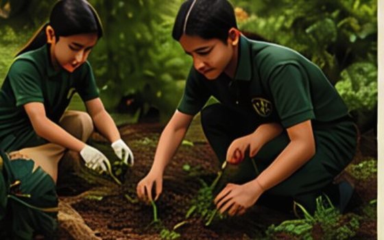 A pupil planting a seedling during community service