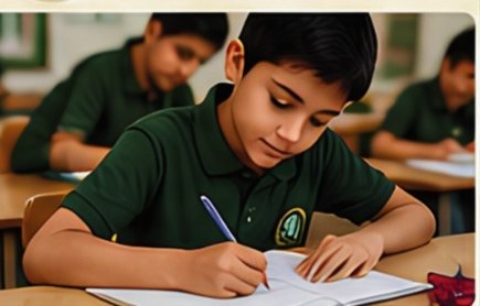 A pupil writing carefully in an exercise book