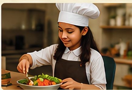 A pupil in a chef's hat preparing a bowl of vegetables
