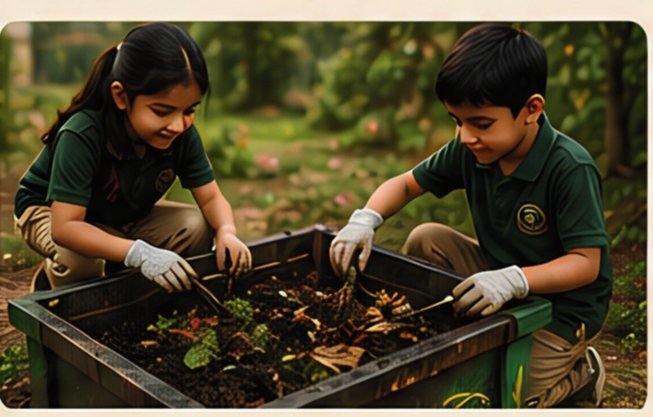 Two pupils turning the compost bed with gloves on